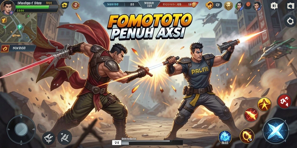 Screenshot permainan FOMOTOTO yang menampilkan pertarungan seru.