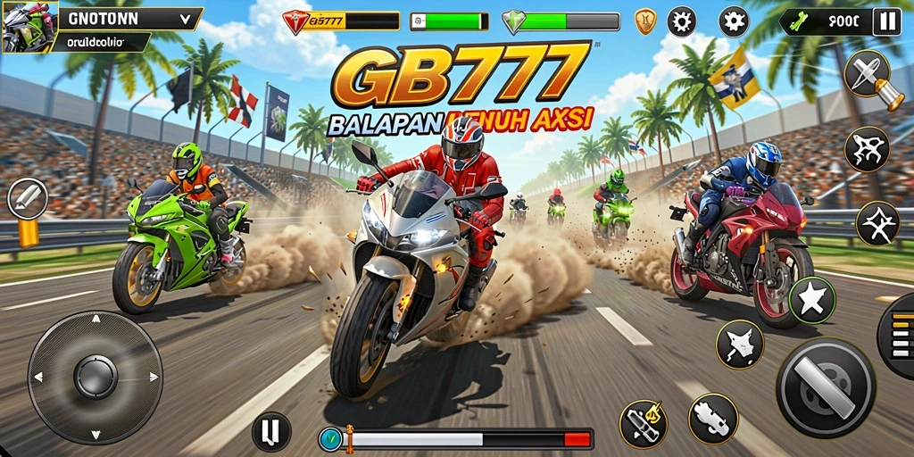 Tampilan gameplay GB777 dengan motor balap yang beraksi.