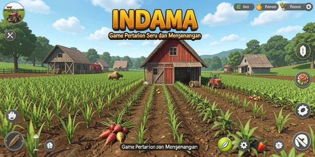 Tampilan gameplay INDAAA yang menarik dan penuh warna saat bertani.