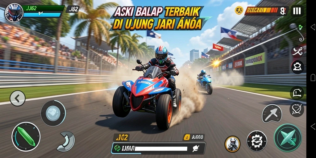 Screenshot gameplay <strong>JJ62</strong> menampilkan balapan yang mendebarkan dan mobil berkecepatan tinggi.