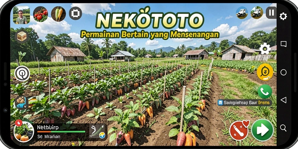 Tangkapan layar gameplay NEKOTOTO menunjukkan kebun yang rimbun dan penuh warna.