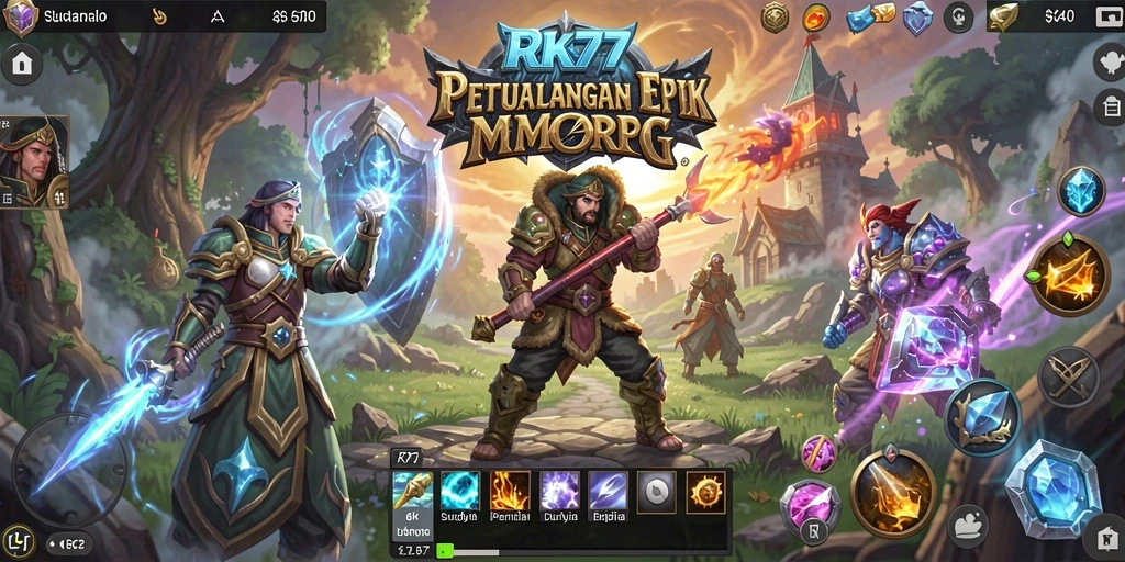Screenshot utama RK77 menunjukkan aksi gameplay yang mendebarkan dalam dunia MMORPG.