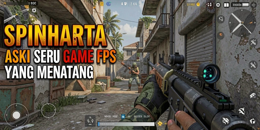 Tangkapan layar gameplay SPINHARTA yang menunjukkan aksi seru FPS.