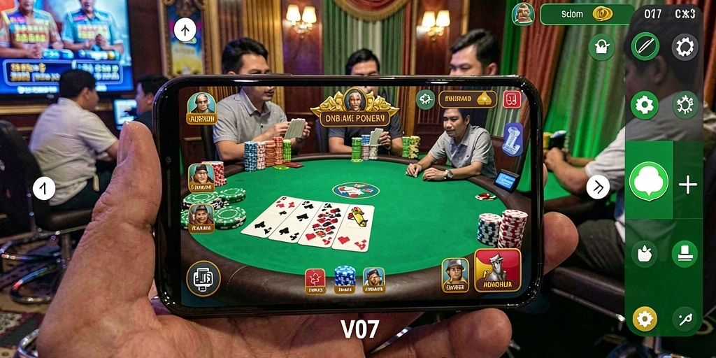 Tangkapan layar utama V07 yang menunjukkan aksi seru permainan Poker.