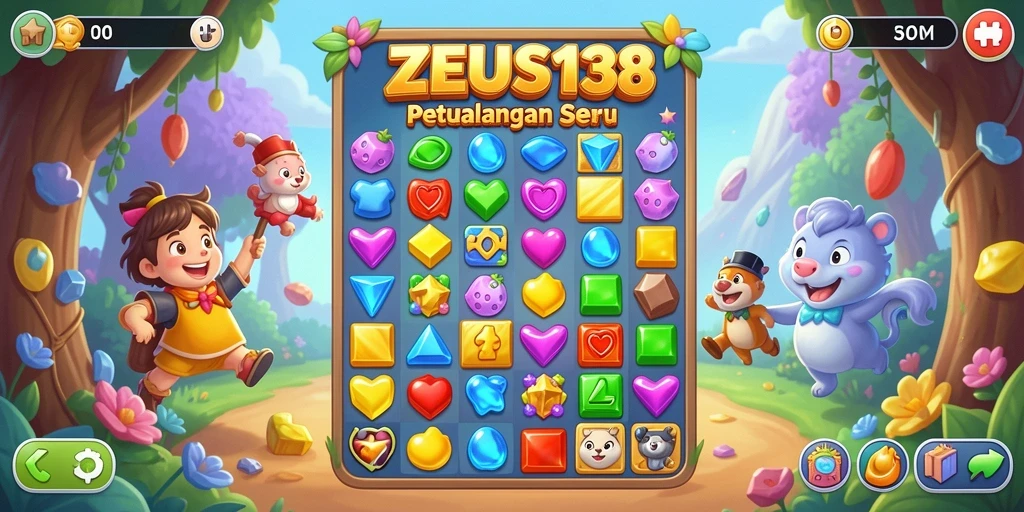 Tampilan gameplay seru dalam ZEUS138 dengan berbagai level Match-3.